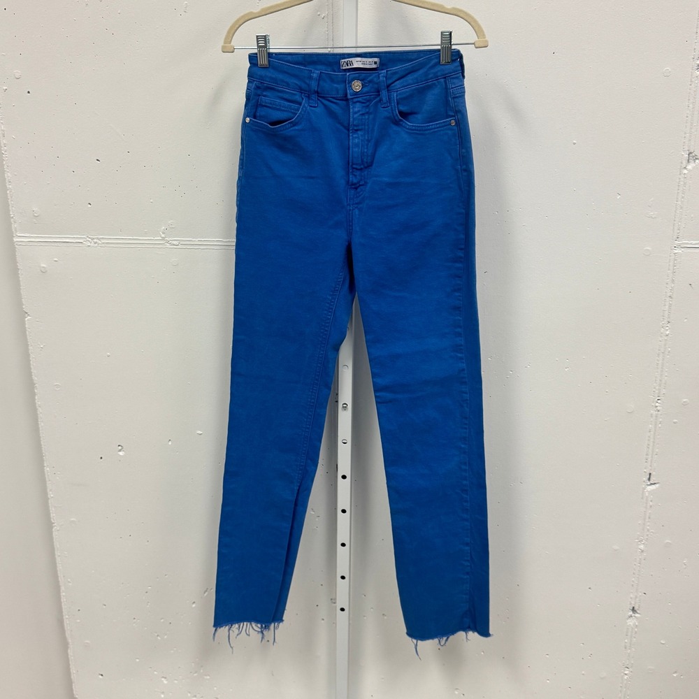 Zara High Waisted Skinny Jeans Cobalt Blue Raw Hem Side Slit Women's Size 4 W26